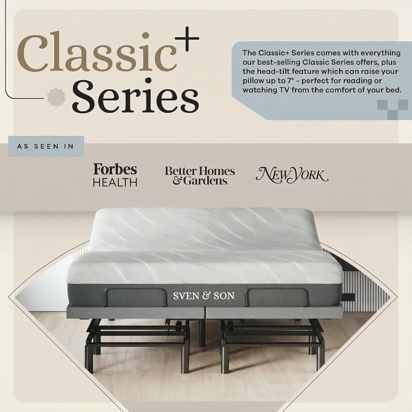 Sven & Son Classic plus (With Head-Tilt) Adjustable Bed Base (Frame) + 14 Inch Hybrid Spring Matt (Medium Soft), Head and Foot Lift, Massage, Under-Bed Lights, USB, Memory, Zero Gravity - King