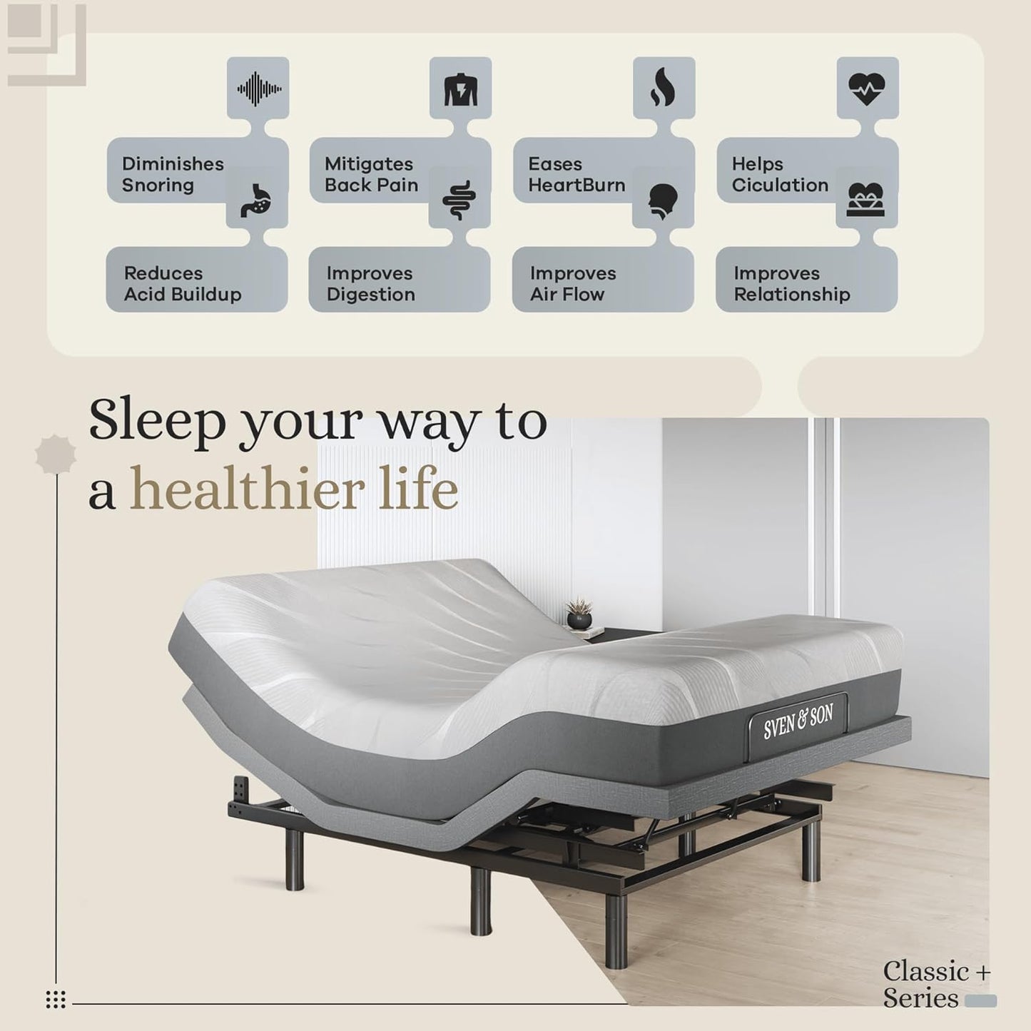 Classic plus (With Head-Tilt) Adjustable Bed Base (Frame) + 14 Inch Hybrid Spring Matt (Medium Soft), Head and Foot Lift, Massage, Under-Bed Lights, USB, Memory, Zero Gravity - Queen